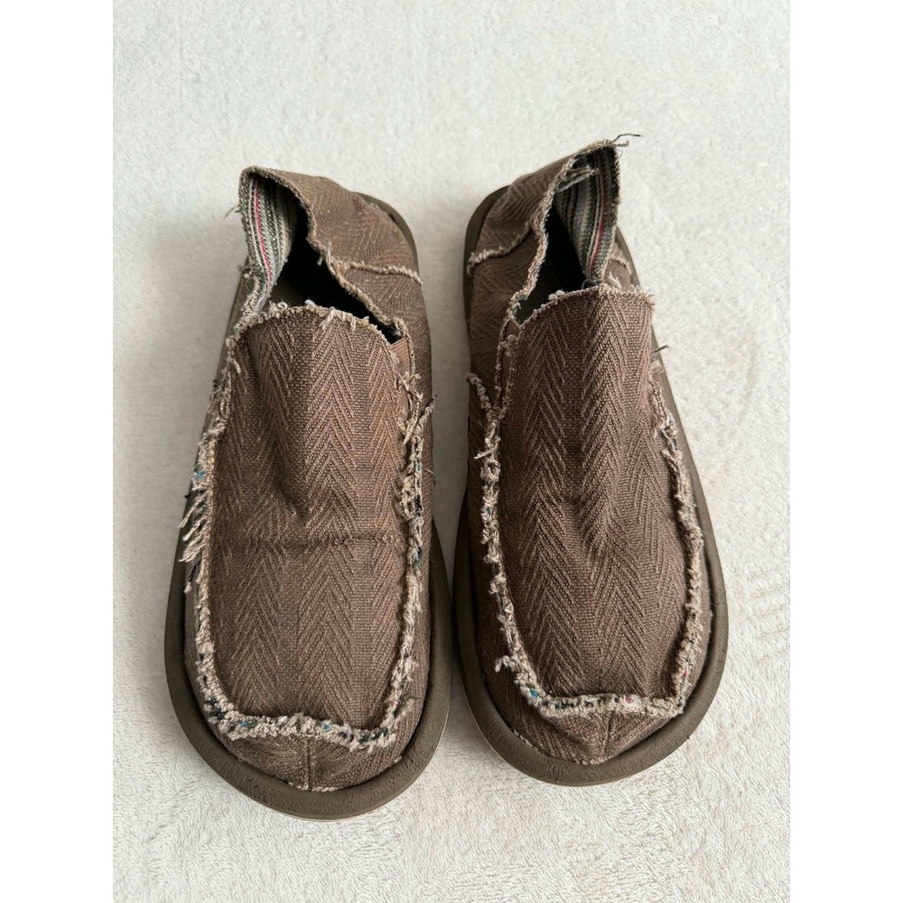 Sanuk Mens 10 Brown Sidewalk Surfer Slip On Loafer Herringbone Frayed Canvas
